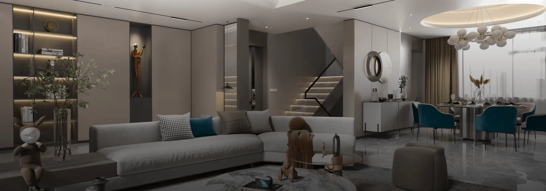 Contemporary open-plan living and dining room with a grey sectional sofa, teal accent chairs and polished marble floors