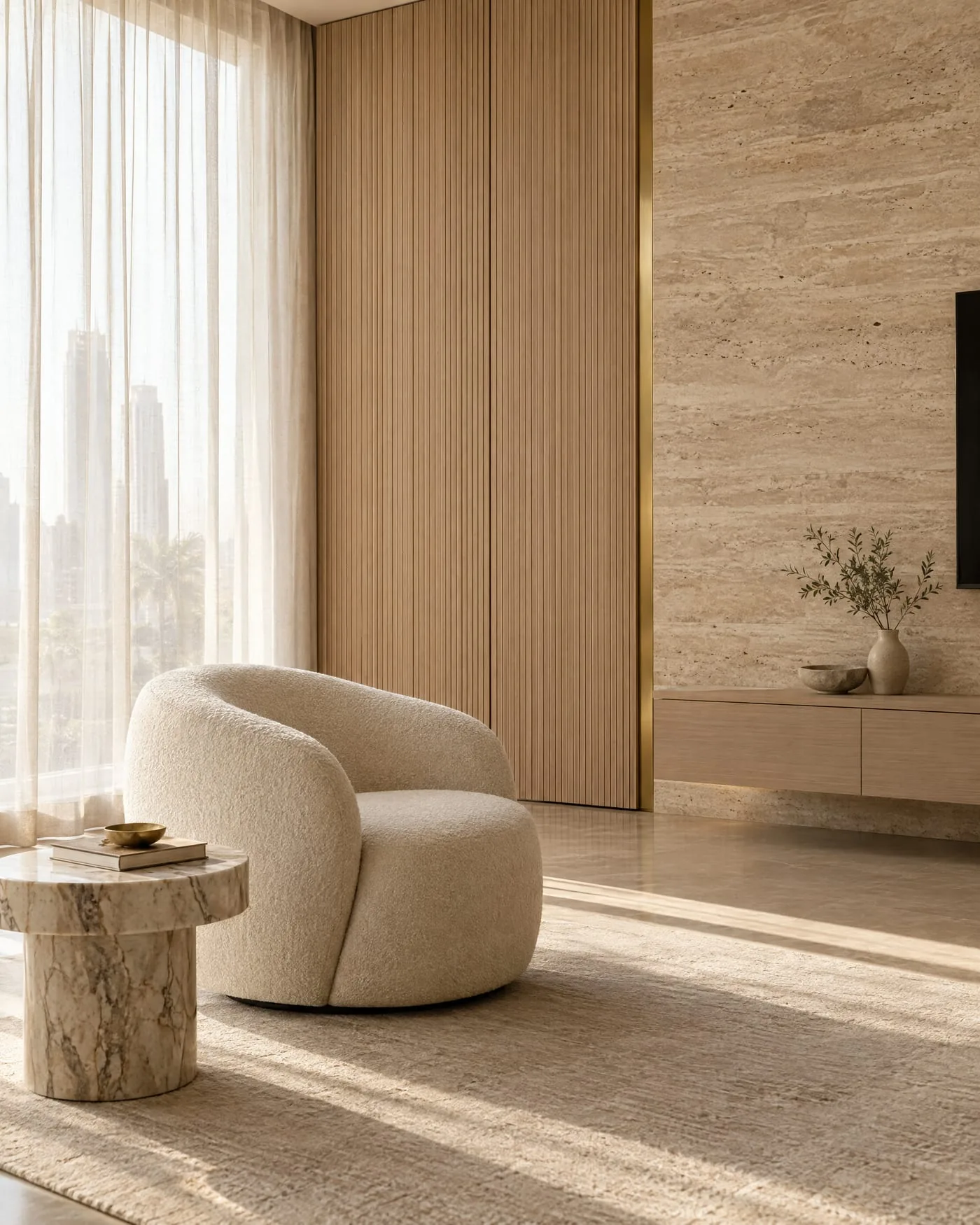 Open-plan dining and living area with marble flooring, a dark marble dining table, cream leather chairs, timber wall panelling and curved linear pendant lights