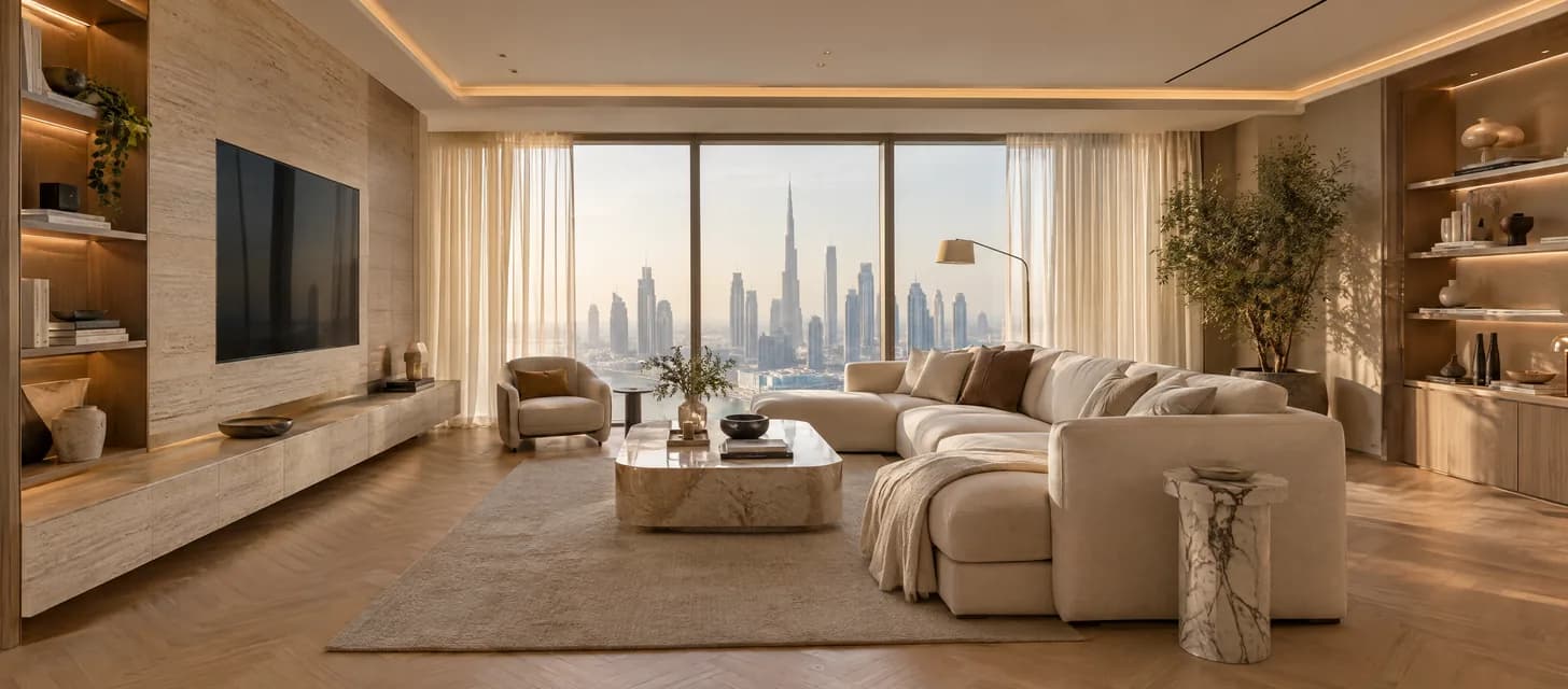 Bright apartment bedroom with a dressing table and a balcony overlooking city towers