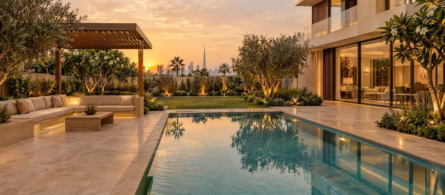 Villa garden with a swimming pool, palm trees and flowering shrubs