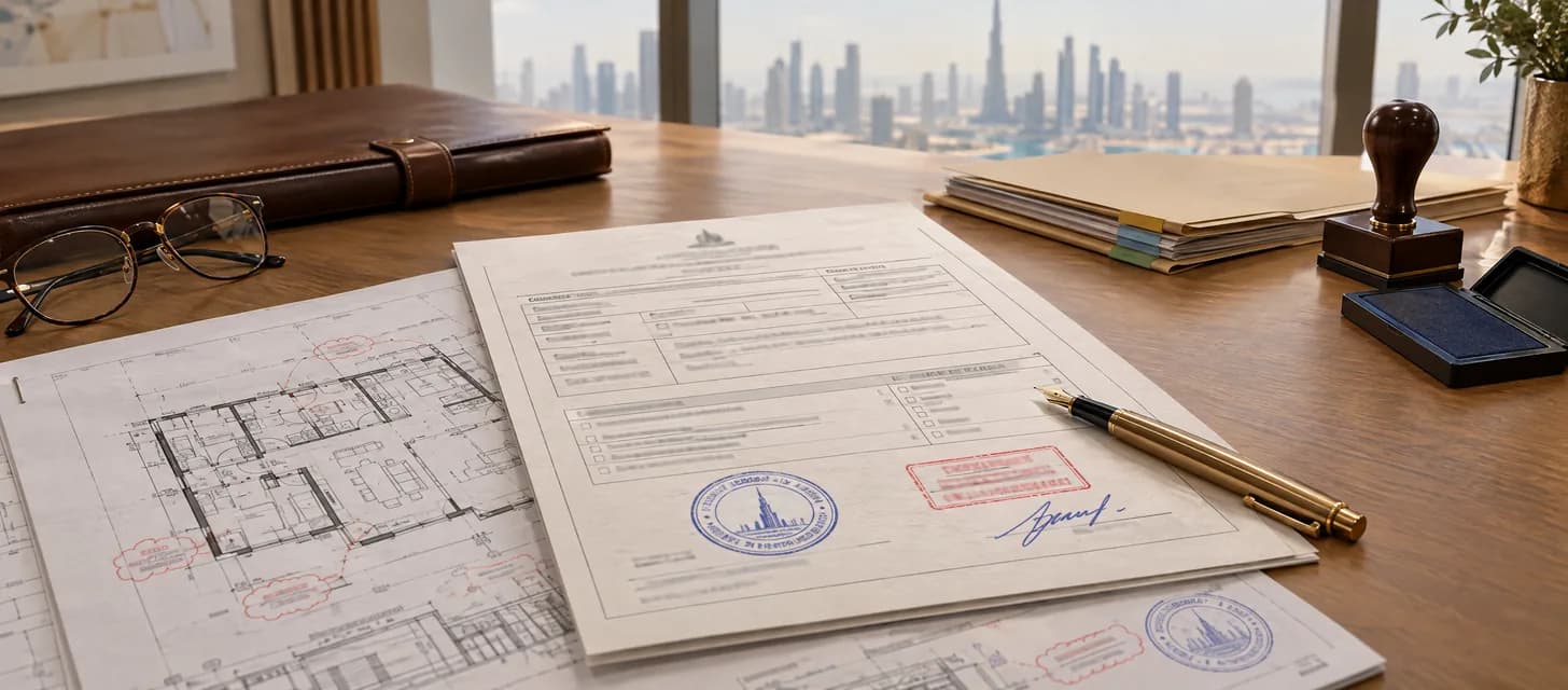 Red document folder labelled Permits next to a notepad and pen on a desk