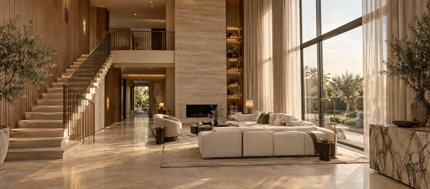 Villa living and dining area with curved sofas, a marble table and a sculptural chandelier