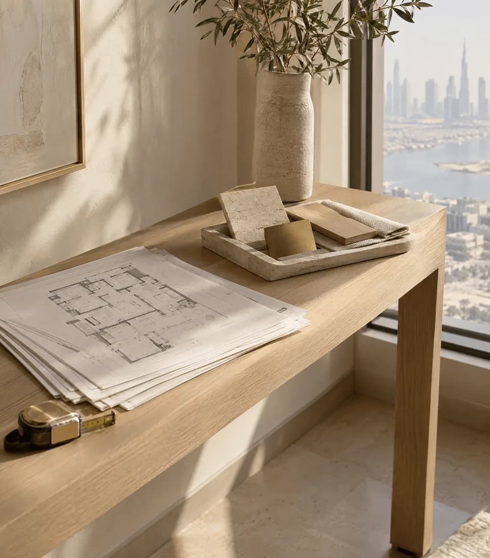 Renovation floor plan drawings on a workbench with a cordless drill, spirit level, tape measure and screws